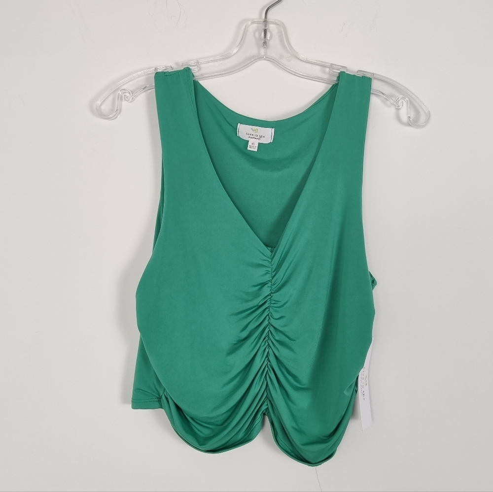 Live in the Moment Women's Green Ruched Front Tank Top XL - NEW